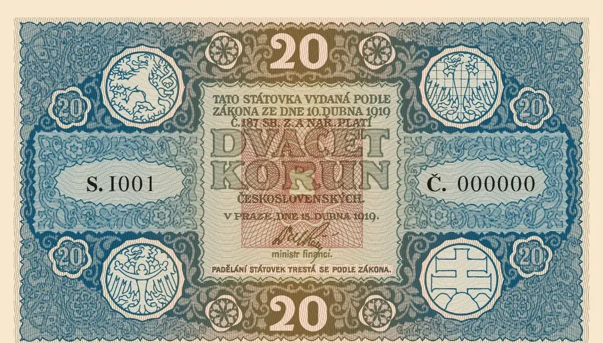 Novotisk státovky 20 Kč z roku 1919, uložena ve foldru