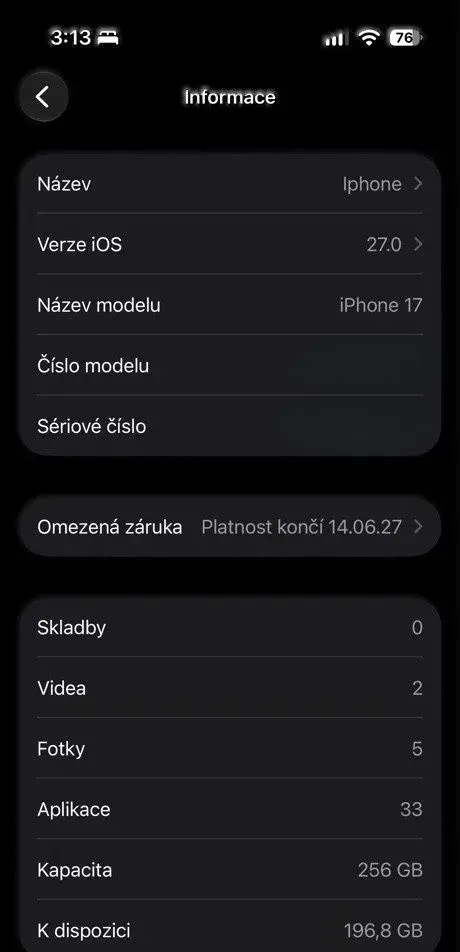 Apple iPhone 17 256GB Black – 100% stav, baterie 100 % (55 c