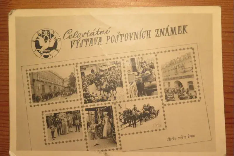 Brno filatelie známky koláž výstava 1958 poštovní dostavník