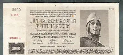 Staré bankovky 5000 korun 1944 NEPERFOROVANA, VZÁCNÁ