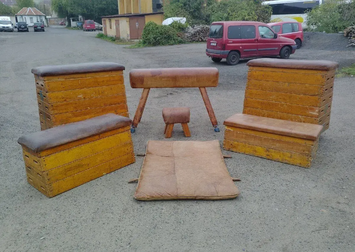 Staré kožené gymnastické nářadí-kůň,švédská bedna,žíněnka