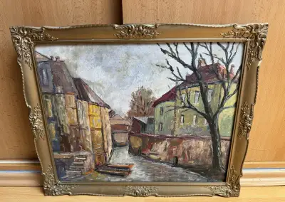 Obraz - O. Hotový – ulička u vody, olejomalba