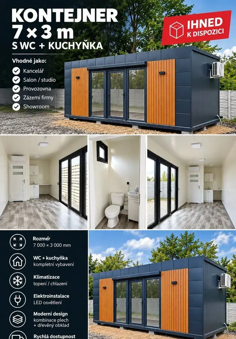 Kontejner 7x3 m s WC+ kuchyňkou ihned k odběru