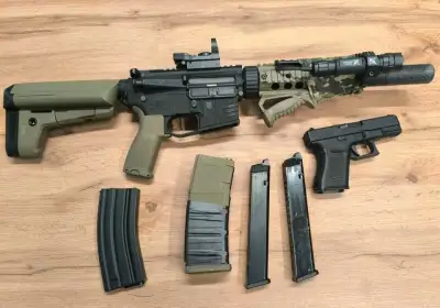 Airsoft výbava komplet – Delta Armory M4 + WE Glock + vesta