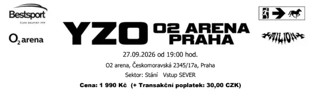 Dvě vstupenky YZO O2 ARENA 27.09.2026 - sektor stání