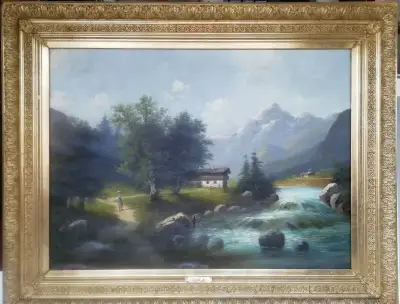 velký obraz romantická horská krajina - E. Pauly