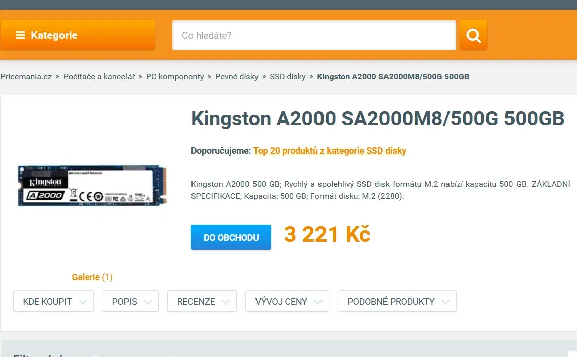 SSD disk KINGSTONE,512Gb,M.2 NVMe RYCHLÝ,najeto 6 hodin