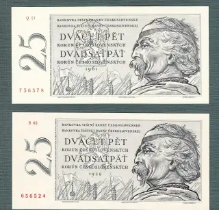 Staré bankovky 25 kčs 1958 a 1961 OBĚ VERZE, bezvadný stav,