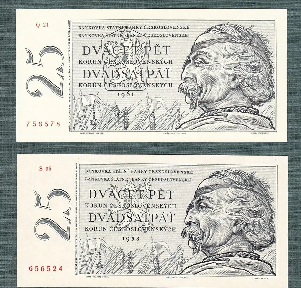 Staré bankovky 25 kčs 1958 a 1961 OBĚ VERZE, bezvadný stav,