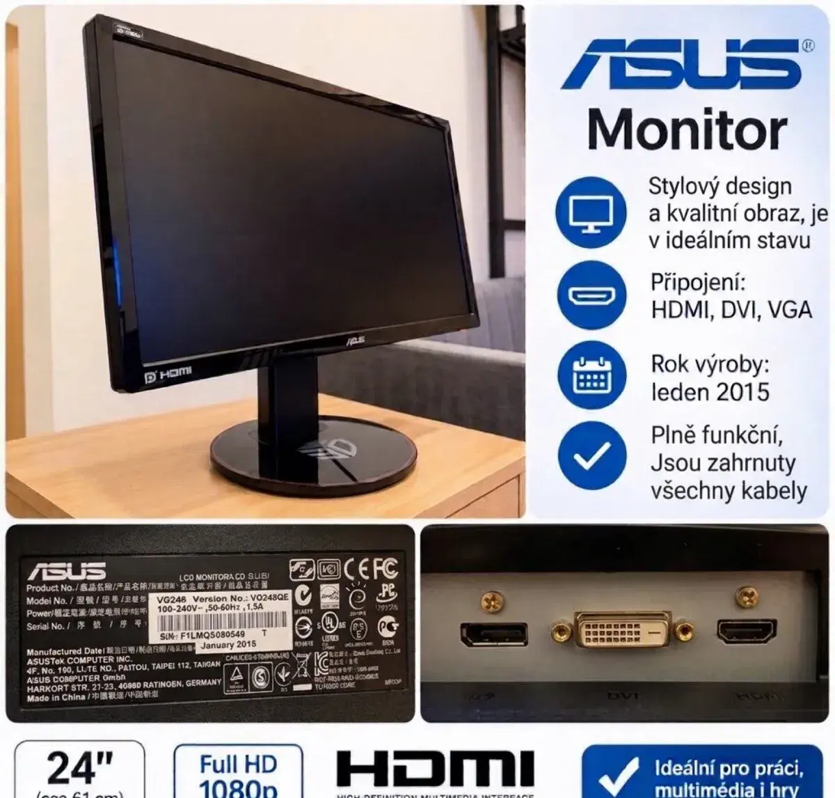 Herní monitor ASUS VG248QE 24" – 144Hz, 1ms + kabely zdarma