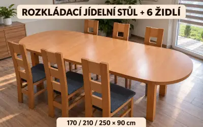 Rozkládací jídelní stůl 170–250 cm + 6 židlí
