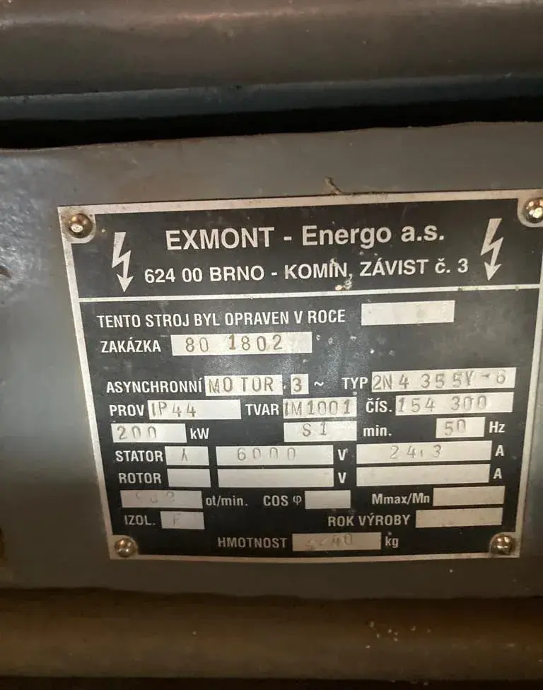 Vysokonapěťový elektromotor 200kW, 1000 rpm, 6000V