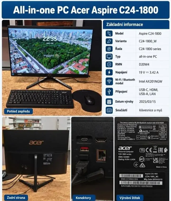 Zánovní počítač Acer Aspire C24-1800 s příslušenstvím