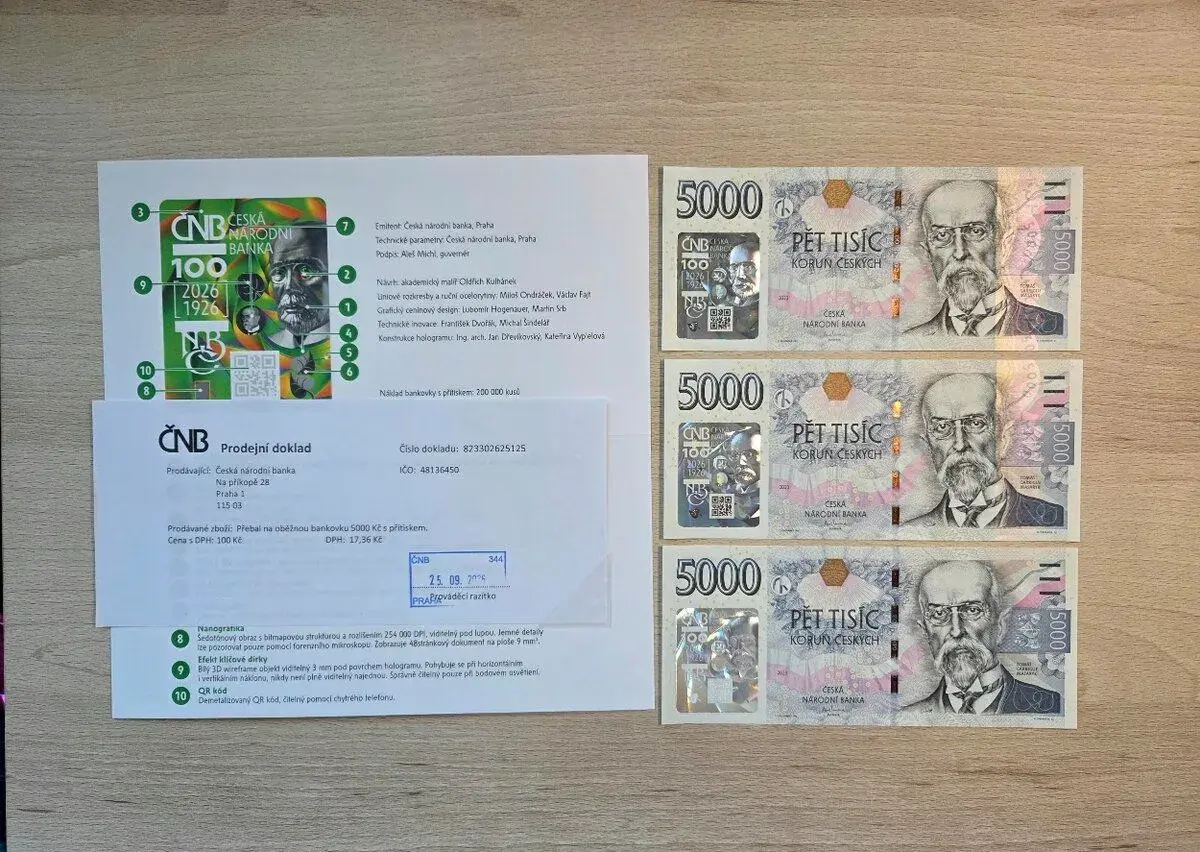 Výroční 5000 Kč ČNB s přítiskem 2026 – 2× postupka 3 ks –UNC