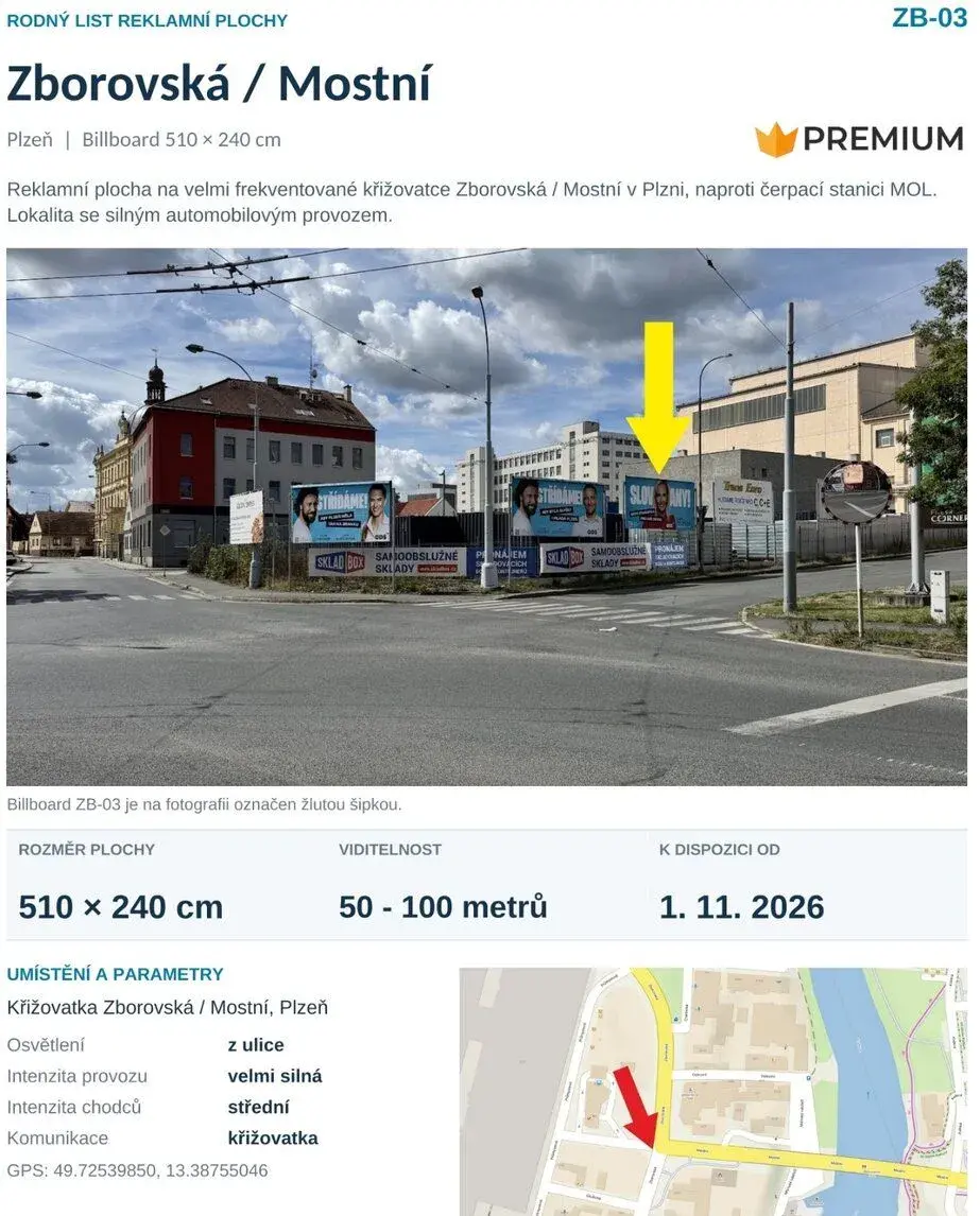 Billboard č.3 Plzeň Doudlevce, křižovatka Zborovská - Mostní