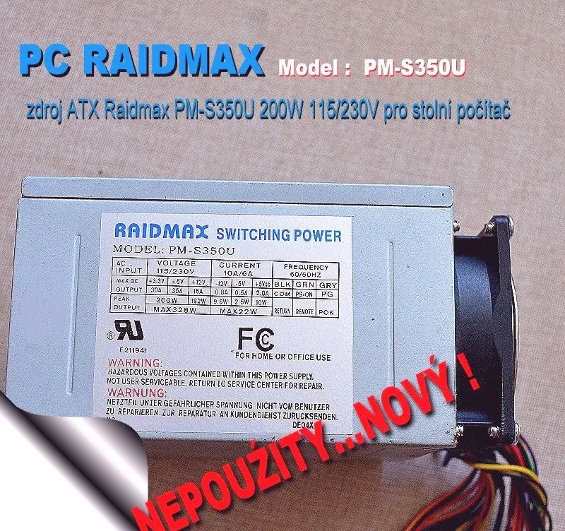 Raidmax PM-S350U ATX Switching Power - Nepoužitý.