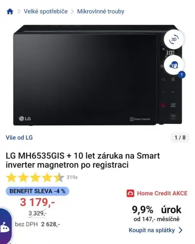 LG mikrovln MH6535GIS Smart inverter magnetron, výkon 1000w