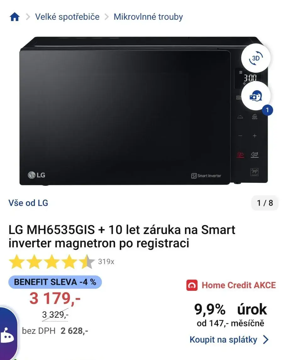LG mikrovln MH6535GIS Smart inverter magnetron, výkon 1000w