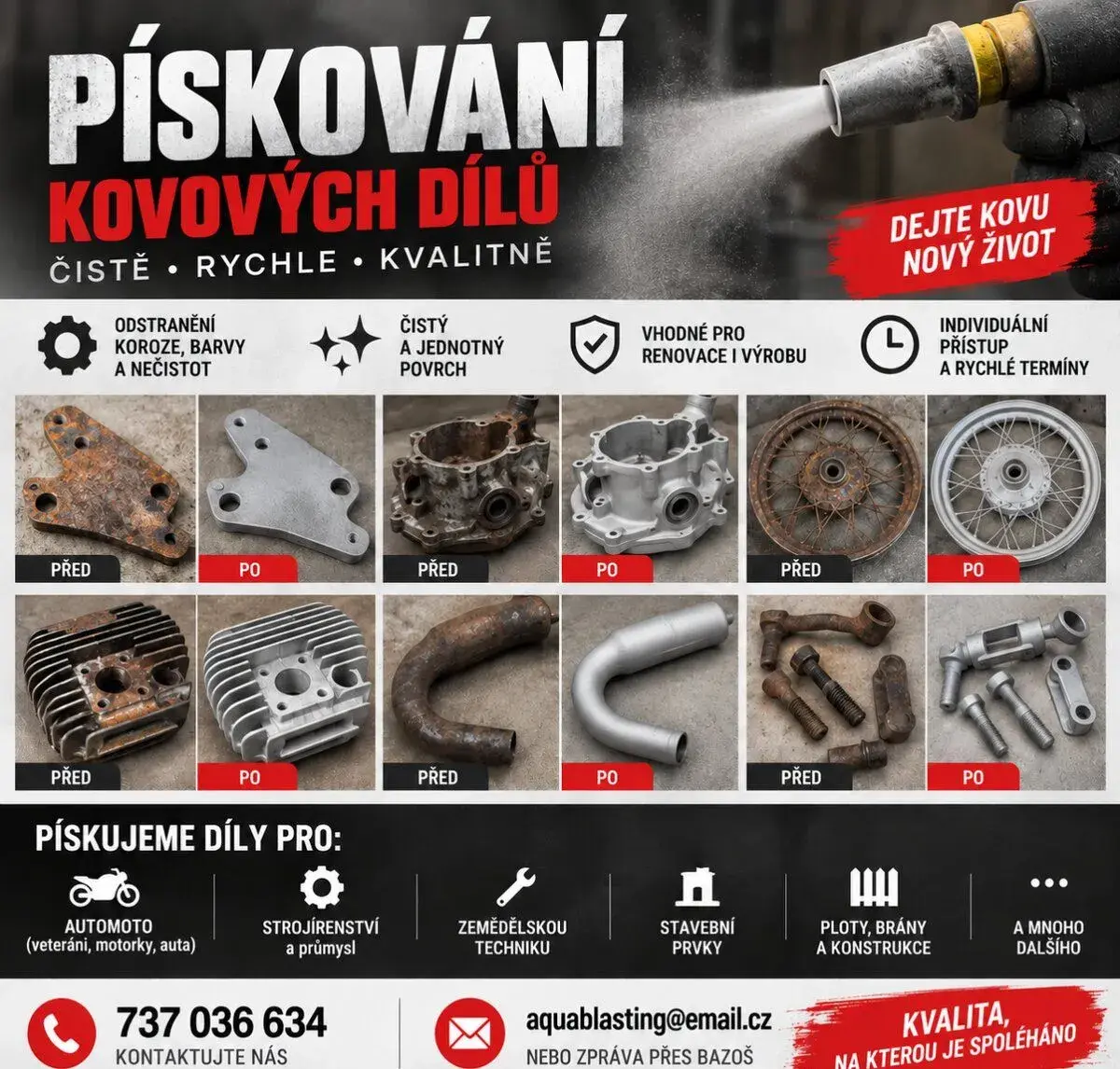 🚀Pískování dílů – auto, moto, stroje i ostatní kovové díly