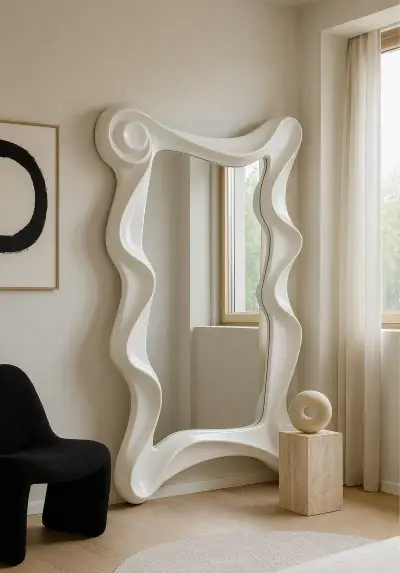 Velké zrcadlo masivní bílý rám vlny more dánský design