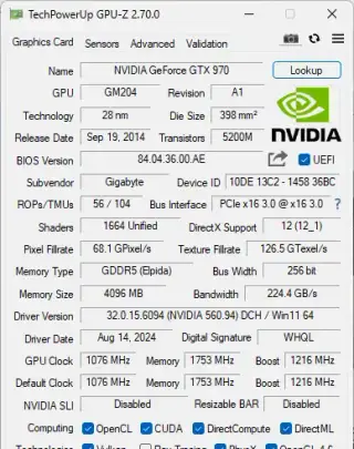 Grafická karta GIGABYTE GeForce GTX 970 4GB GDDR5