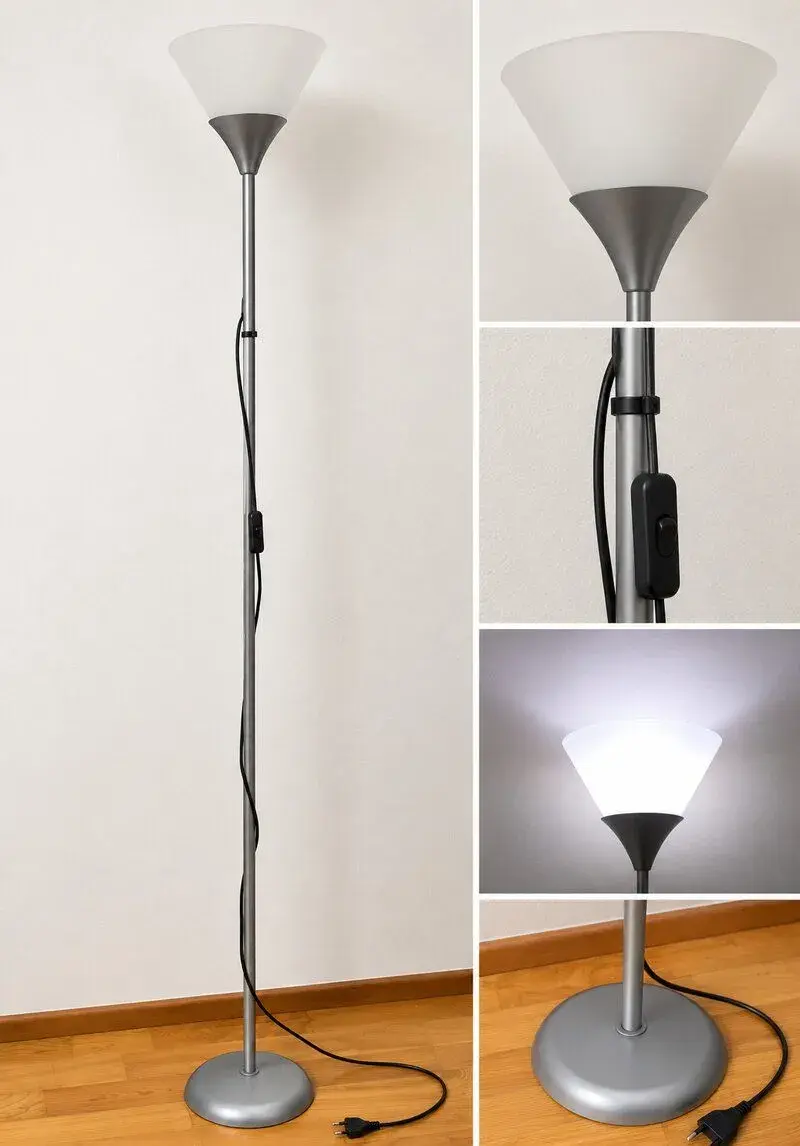 Moderní stojací lampa s matným stínidlem – velmi pěkný stav