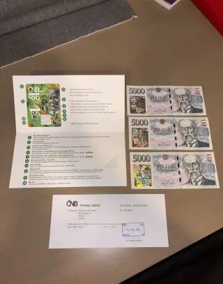 3× 5000Kč bankovka ČNB 2026, přítisk, v sérii, + přebal, UNC
