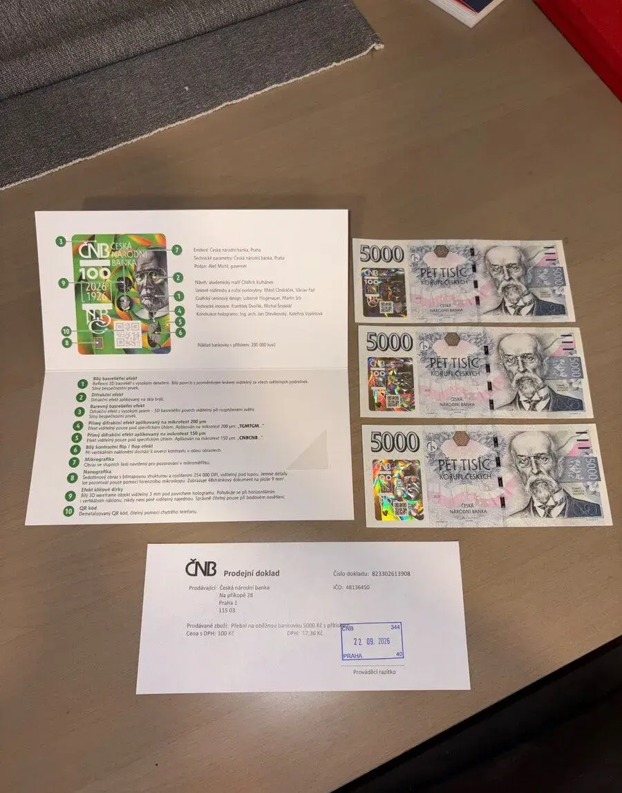 3× 5000Kč bankovka ČNB 2026, přítisk, v sérii, + přebal, UNC