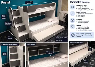 Patrová postel pro 3 osoby se schůdky a úložným prostorem