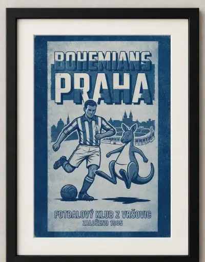 Bohemians Praha – retro grafika s klokanem, ruční tisk A4