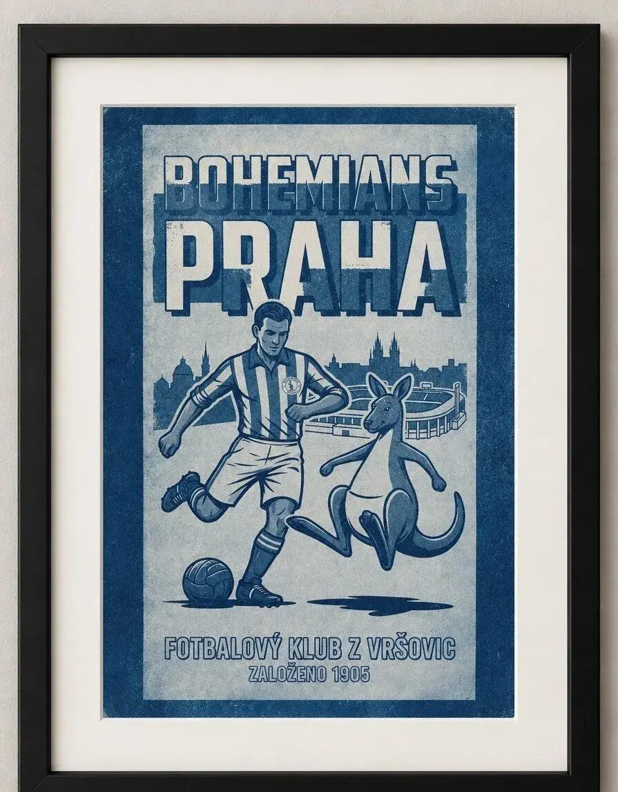 Bohemians Praha – retro grafika s klokanem, ruční tisk A4