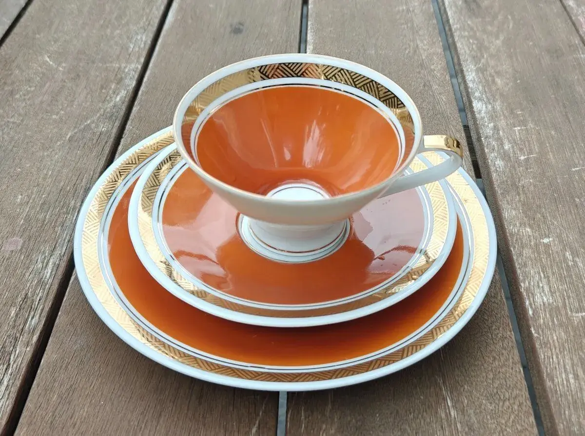 Retro porcelánové trio CP Colditz (GDR) – oranžovo-zlaté
