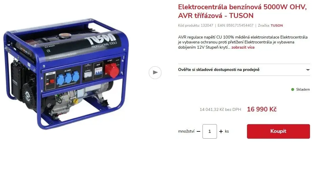 elektrocentrála benzínová 7,4HP/3,5kW, nepoužitá