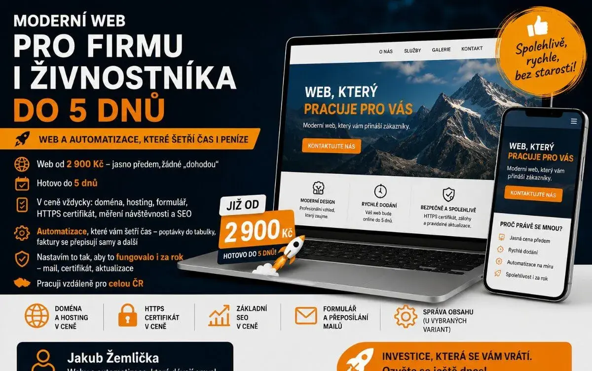 Web a automatizace pro firmu nebo živnostníka do 5 dnů