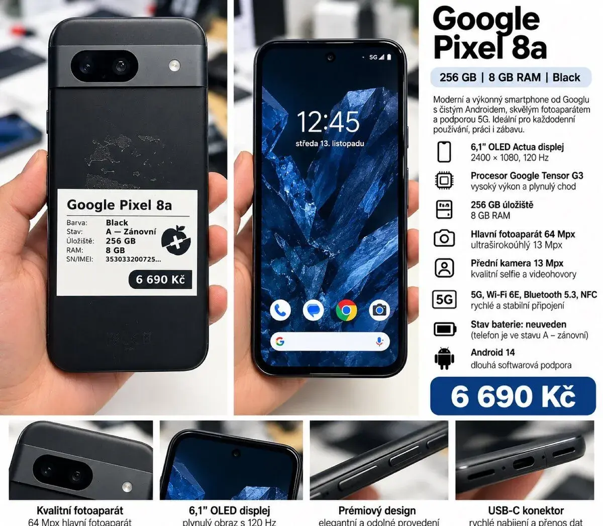 Google Pixel 8a – 256 GB / Black – 6 690 Kč