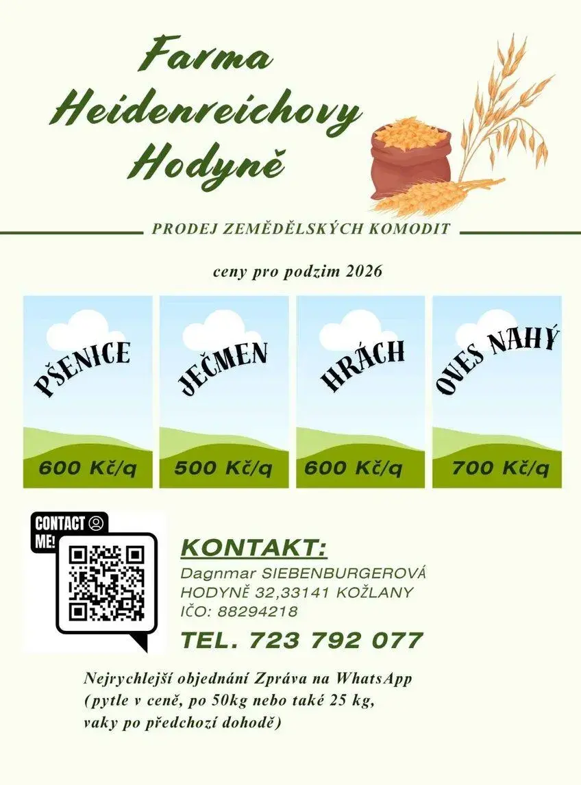 Prodej pšenice, ječmene, hrachu, nahého ovsa