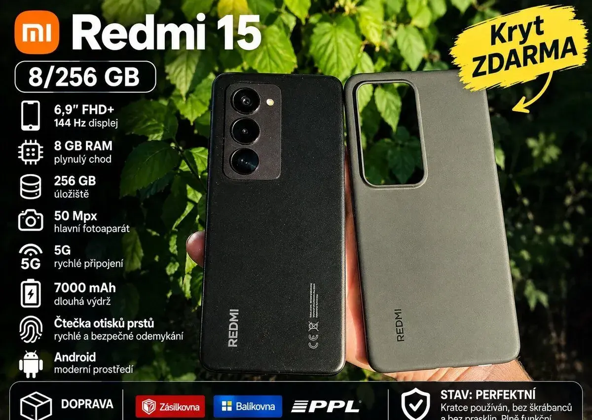 Redmi 15 8/256 GB – 144Hz displej, 7000 mAh, perfektní stav