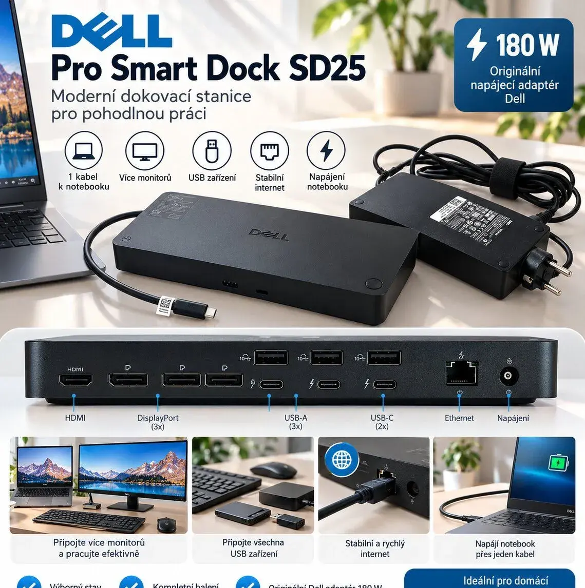 Dell dokovací stanice s napájecím adaptérem 180 W – výborný