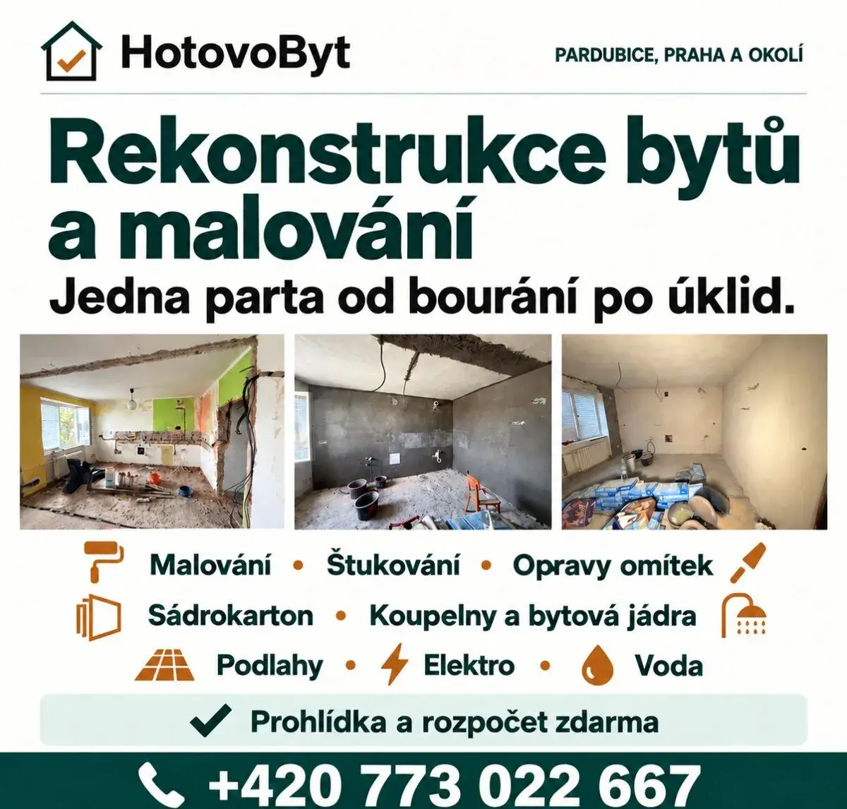 Rekonstrukce bytu, koupelen, hromosvodů a malování