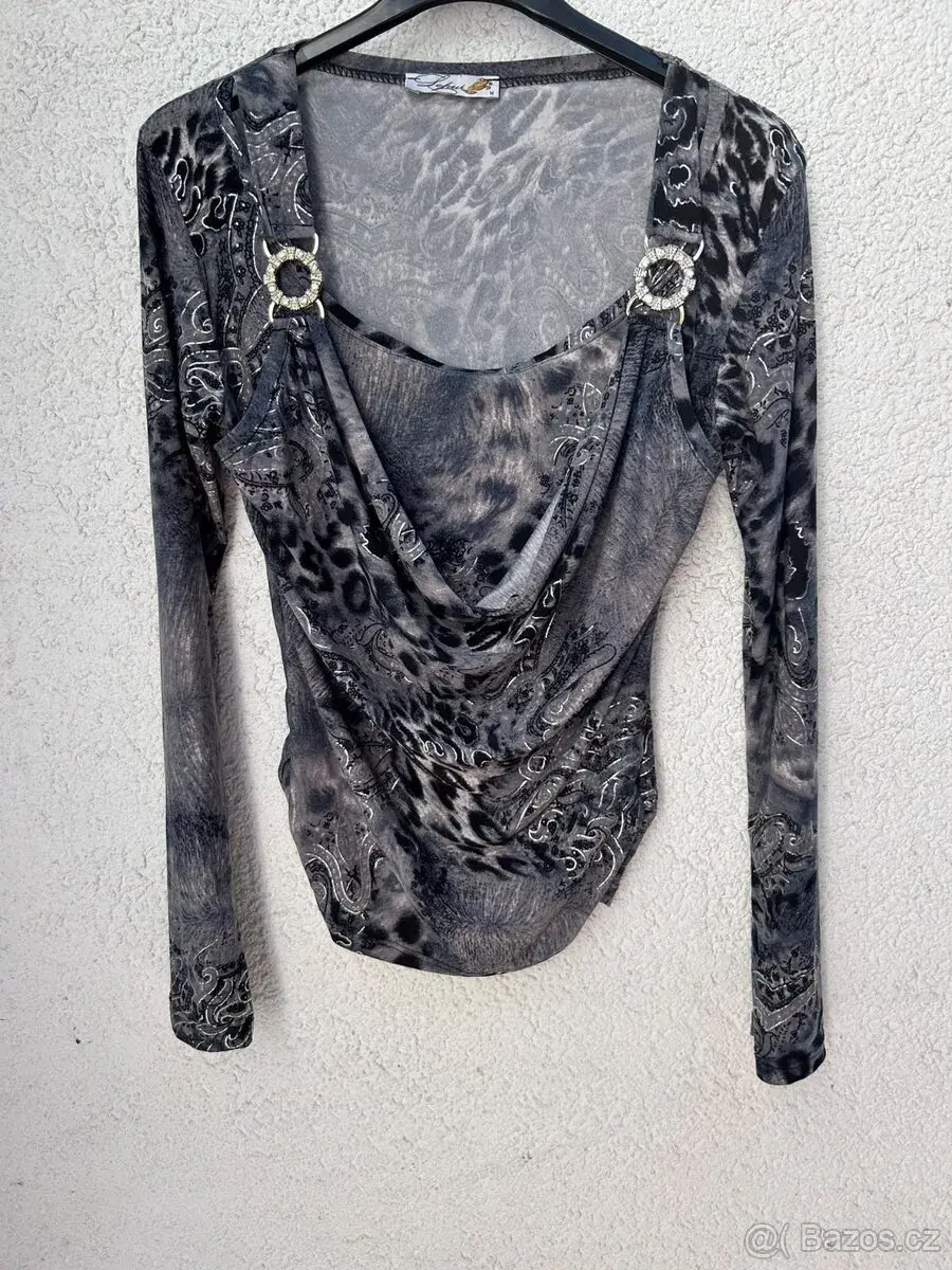 Lefur šedý top M - leopard + paisley + štras - dlouhý rukáv