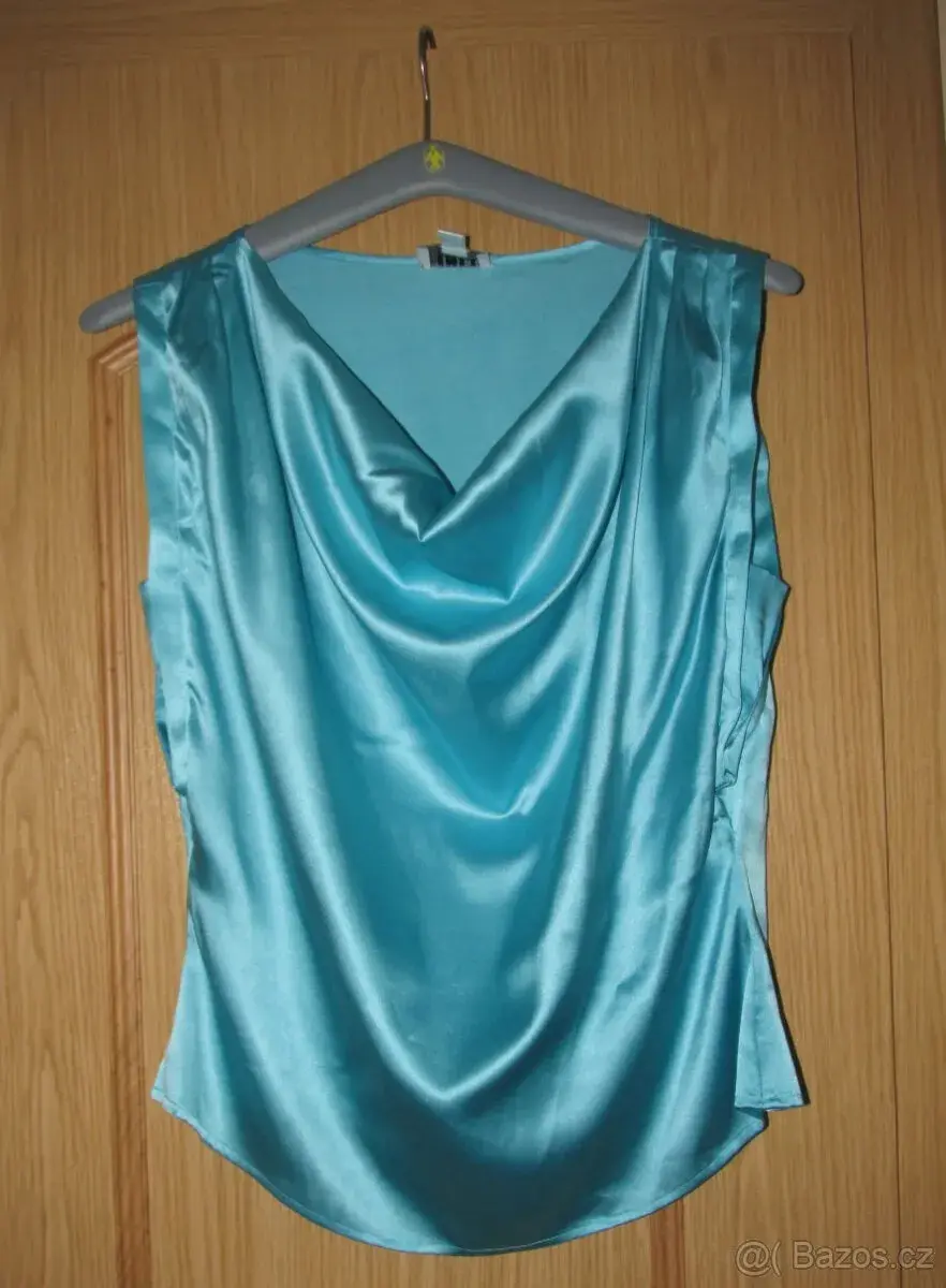 Hedvábný tyrkysový top bez rukávů, blůza, vel. 42, L-XL