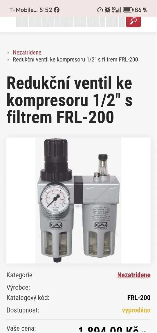 Redukční ventil ke kompresoru