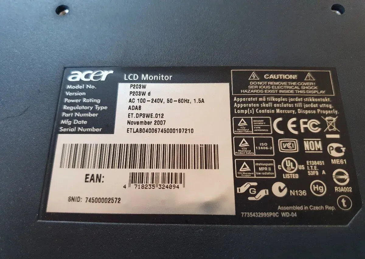 Monitor Acer P203W LCD TFT displej