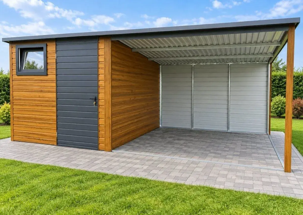 Zahradní domek 2,5×2,5m+přístřešek 3×2,5m „leskla PLAMENKA“