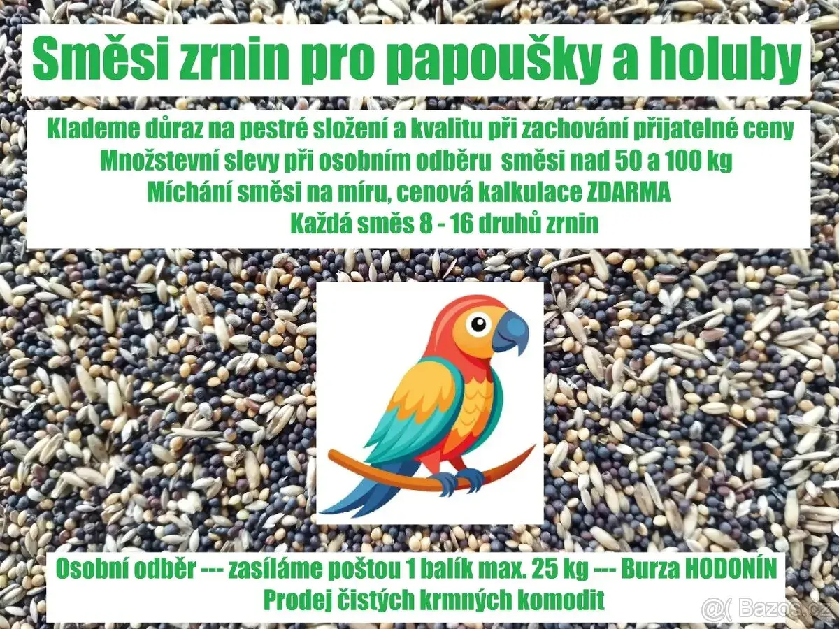Zrniny, směsi zrnin pro papoušky a holuby - osobně/poštou