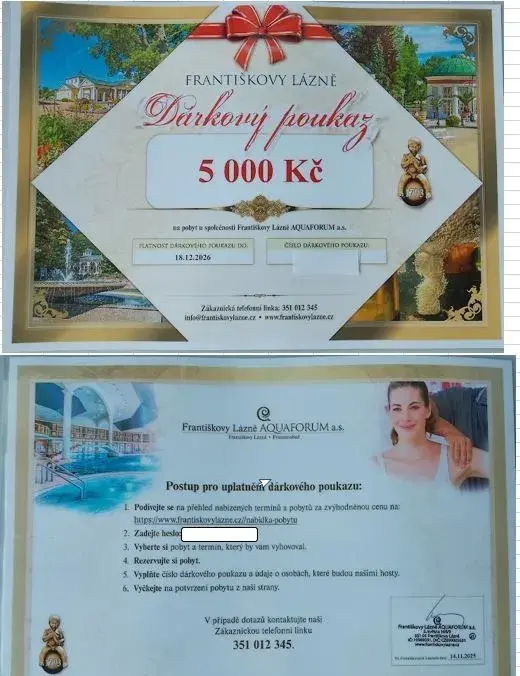 Dárkový poukaz do Františkových Lázní 5 000 Kč(sleva1 000)