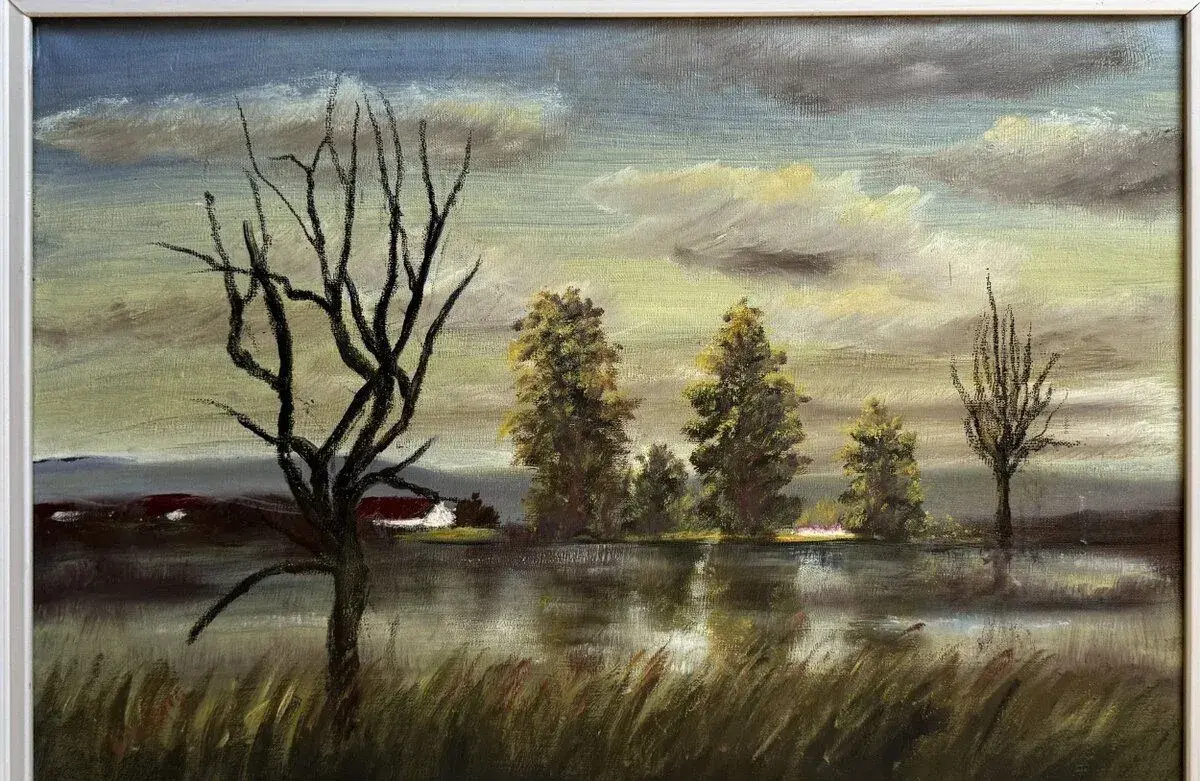 Obraz - Olejomalba – krajina se suchým stromem, 52 × 70 cm