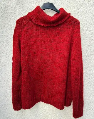 Červený pletený rolák oversize M/L - huňatý - rolákový límec