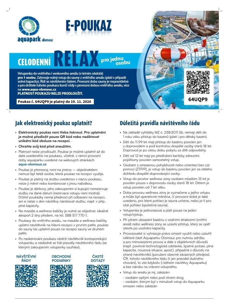 Celodenní e-poukaz "RELAX" do Aquaparku Olomouc