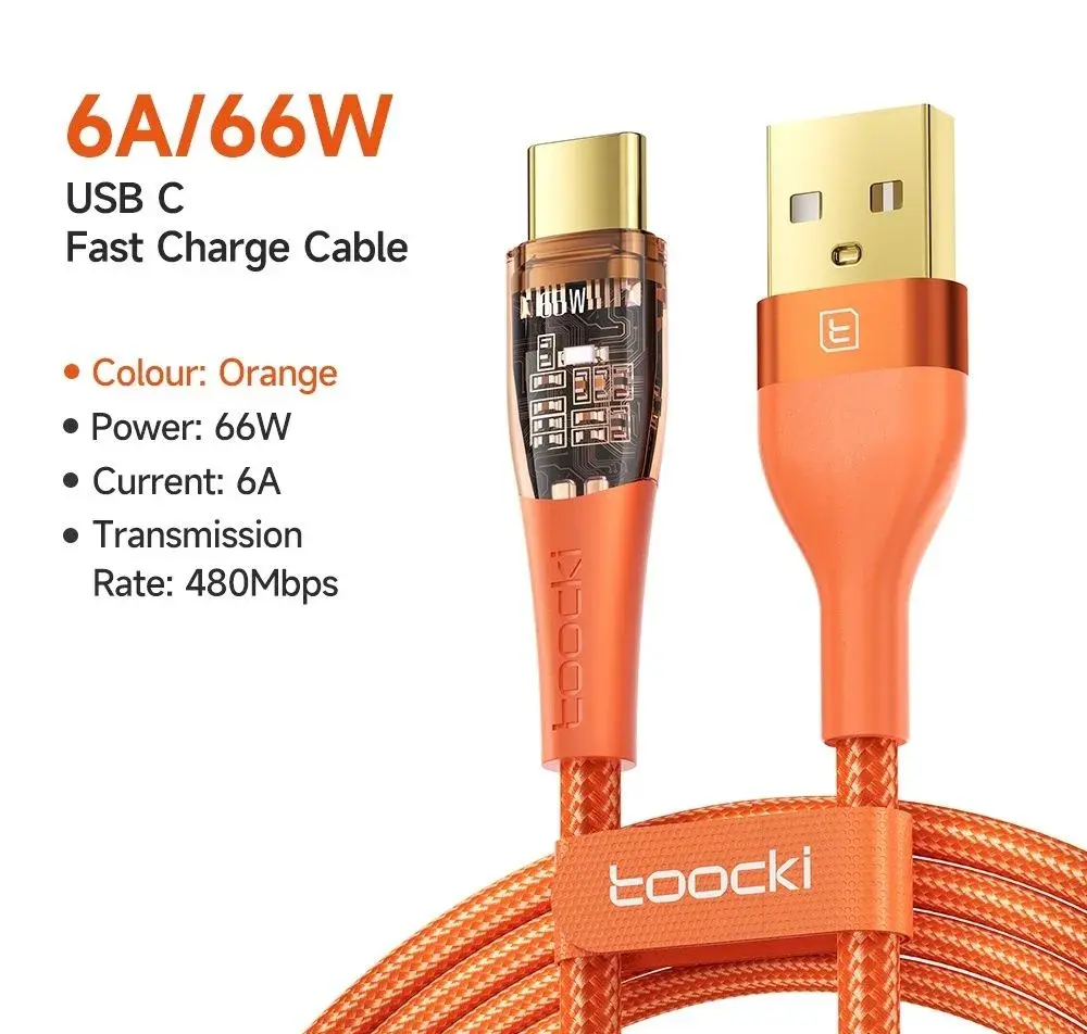 NOVÝ značkový 66W kabel USB-C datový + nabíjecí Toocki oranž